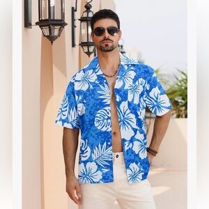 Aptro Blue Hawaiian Shirt with White Floral Print